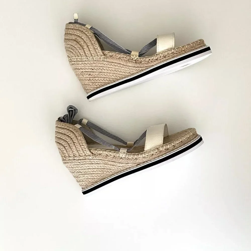 NEW TONY BIANCO Ankle Wrap Espadrille Wedge Sandals in White/Blue Stripe Size 8